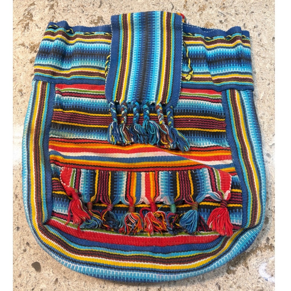 Vintage Woven Striped Backpack Boho Baja Festival Bag Tassel Fringe Multi Color